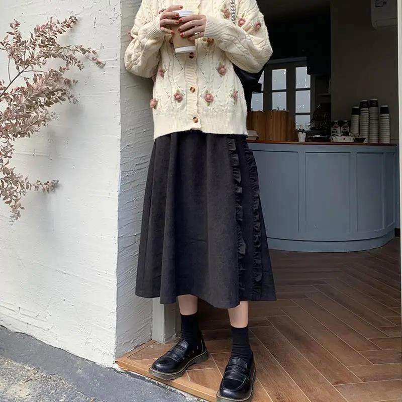 Wine Red Corduroy Tutu Skirt with Fungus, Autumn and Winter Style All-match Western Style Skirt Women's Mid-length Skirt