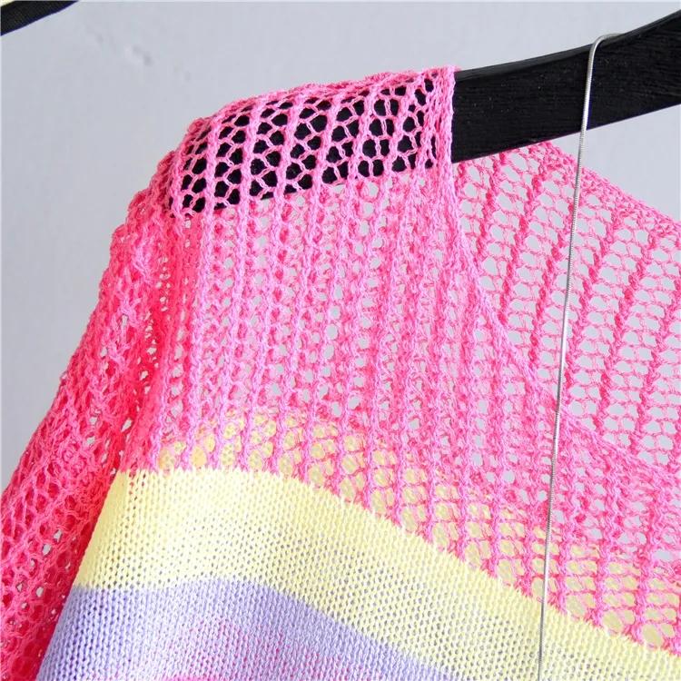 Spring and Summer Hollow Knitted Sunscreen Jacket Top Women's Loose Thin Color Stripes