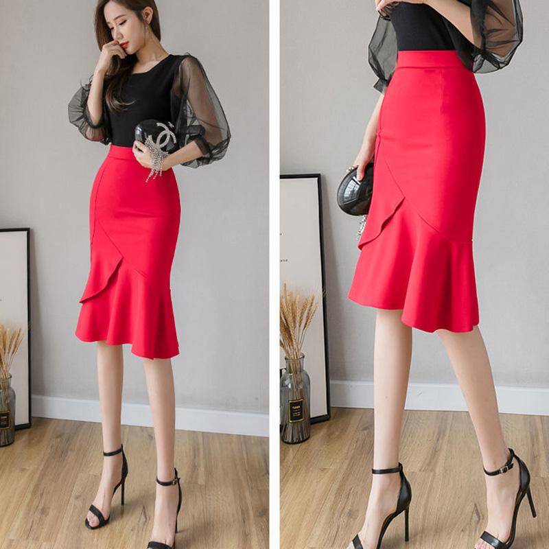 Ladies Mermaid Skirt High Waist High Elasticity Ruffle Mid-length Pack Hip Skirt Solid Color
