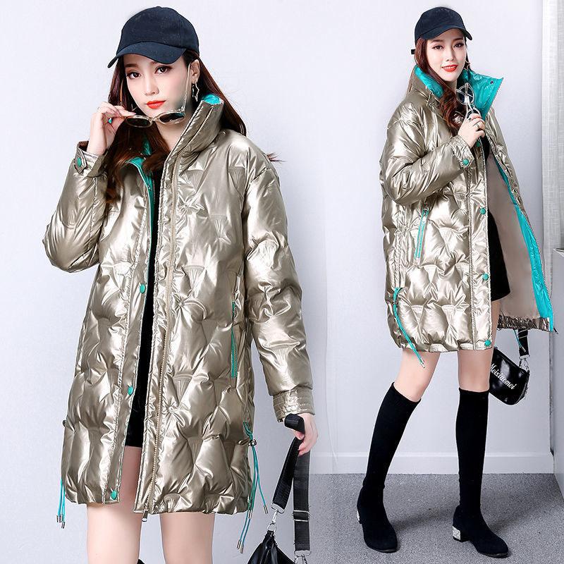 Shiny Winter Jacket Women Mid-length Stand-up Collar Thick Warm Loose  Padded Jacket Windproof Drawstring Ladies Coats