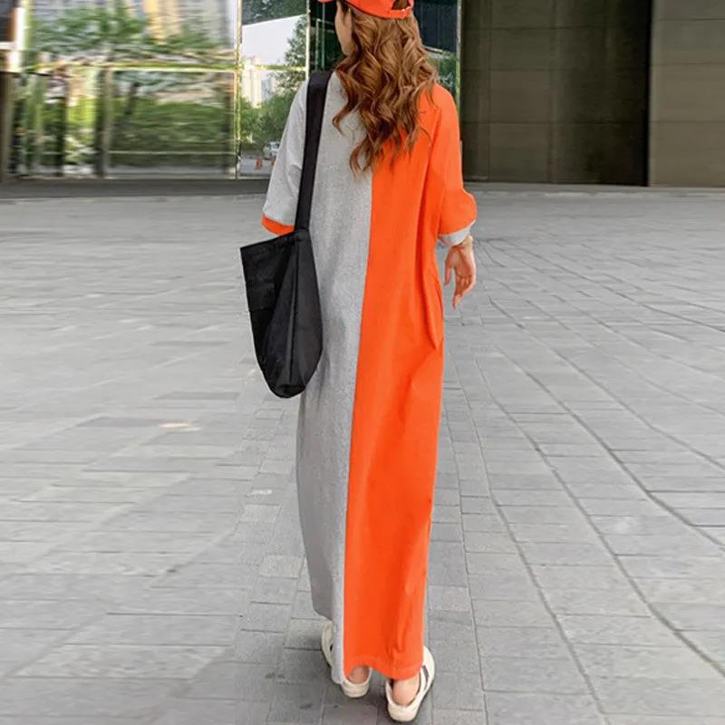 Oversized Women's Cotton Loose Stitching Color Women's Summer Dress Short Sleeve Long Over The Knee Dress