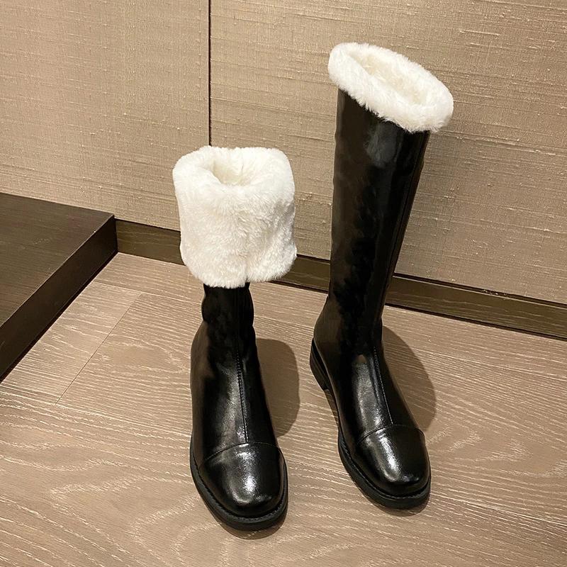 Thigh High Boots Women Winter Shoes Plush Warm Fur Boots Black Leather Snow Boots Fashion Goth Punk Flat Platform Shoes