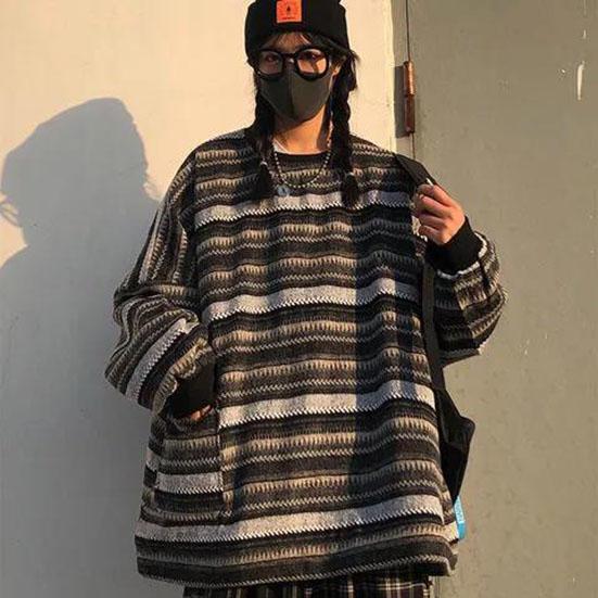 Pullovers Women Men Oversize Sweater Plus Size Warm Hiphop Unisex Casual Striped Knit Retro Daily Sweater