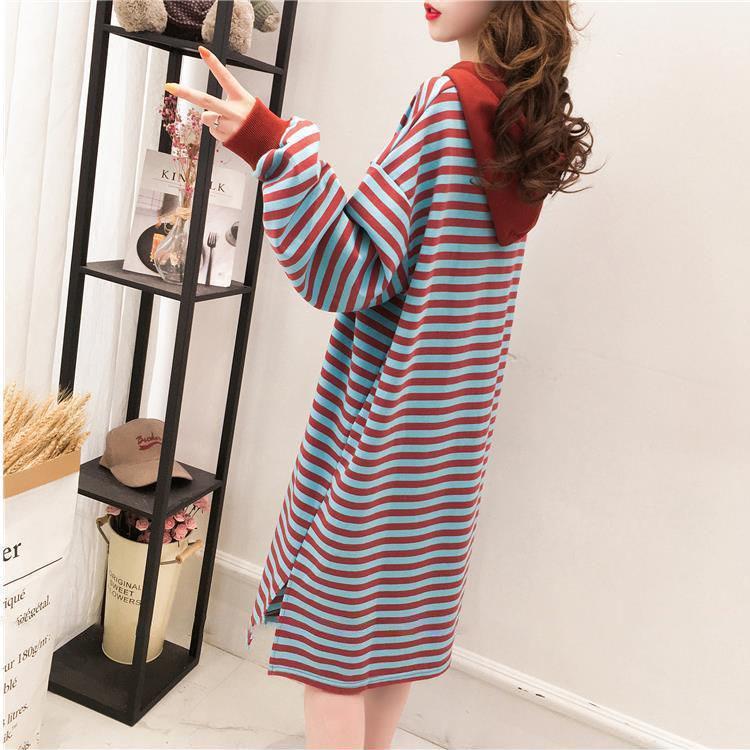Women's Plush Spring and Autumn Long Knee Length Hoodies Large Size Loose Casual Hooded Tops Versatile Solid Color Striped Hoodies