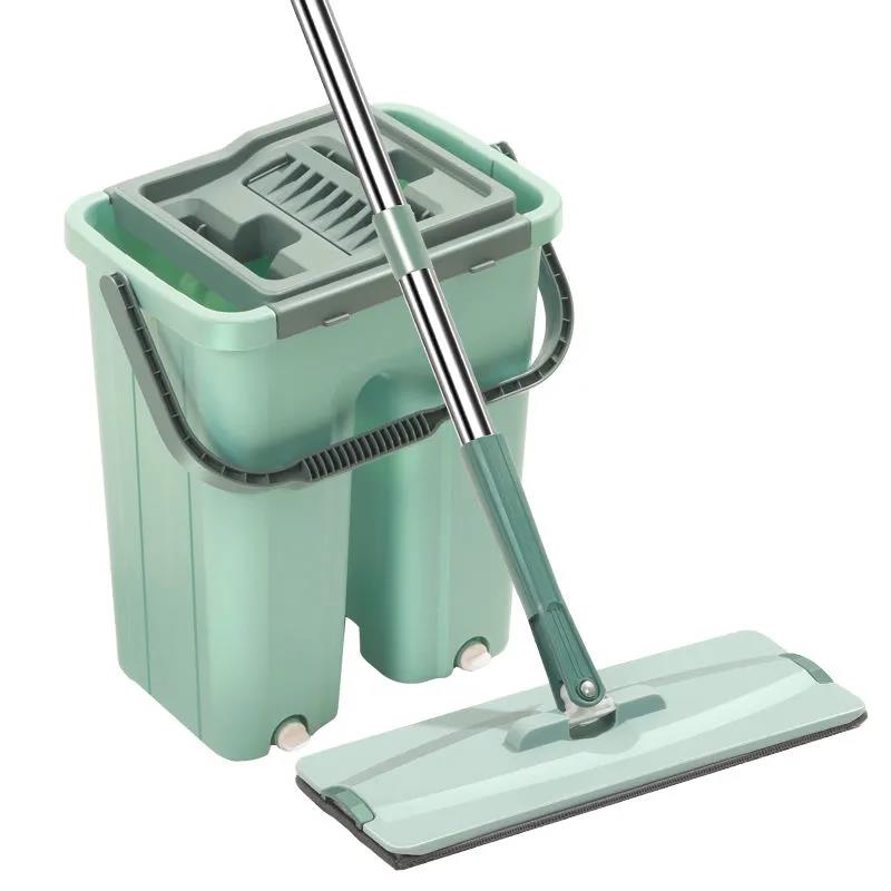 Floor Mop Bucket Hand Free Household Automatic Flat Floor Mop Kitchen Home Wooden Floor Cleaning Microfiber Pads