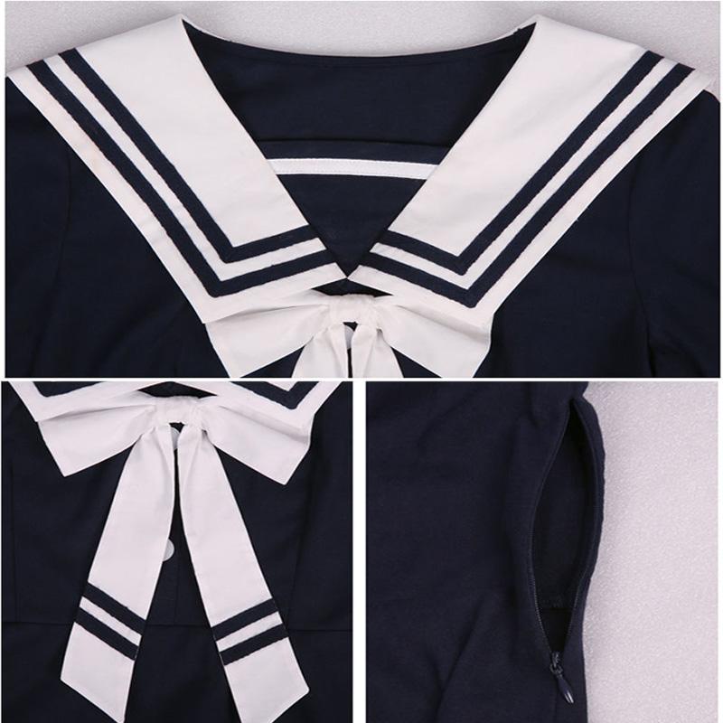 Sailor Collar Navy Dress Striped Sweet Bow-knot Girl Retro Style Student Girls Knee-length Solid Color Dress