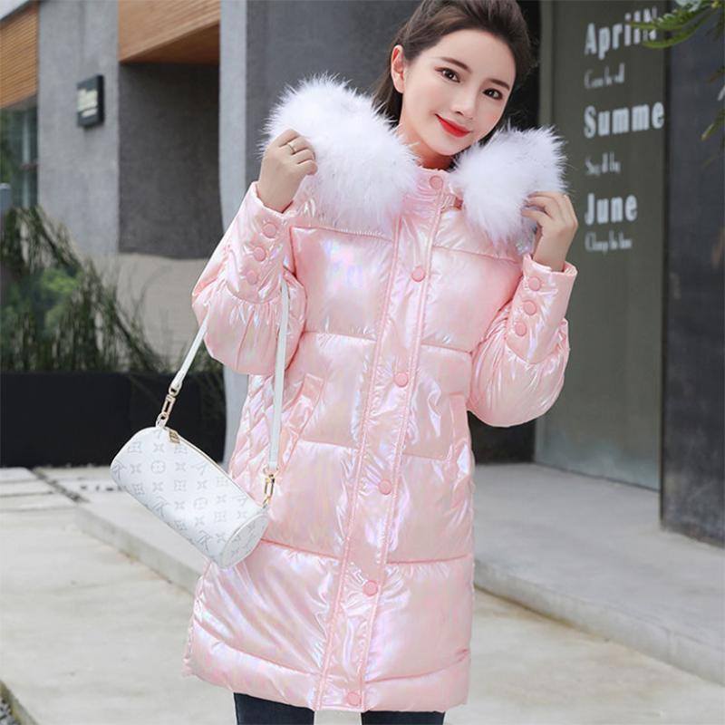 Women's Bright Face Hooded Down Jacket Mid-length Korean Loose Thick Coat Warm Cotton Coat Large Wool Collar Winter Quilted Coat