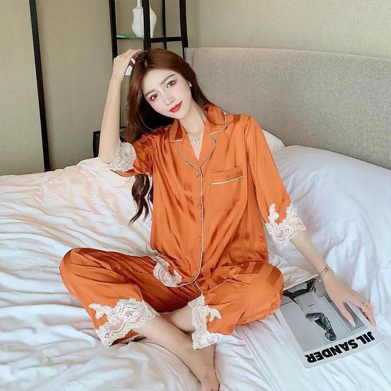Women's Spring Autumn Long-sleeved Pajamas Set Sexy Lace V Neck Ice Silk Jacquard Striped Homewear Loose Comfortable Sleeping Suit Two-piece Set