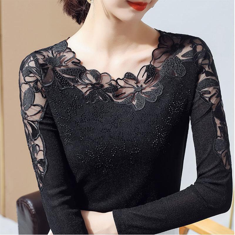 Large Size Women's Lace Shirt Long Sleeves Outer Wear Hollow Thin Inner Mesh Bottoming Shirt