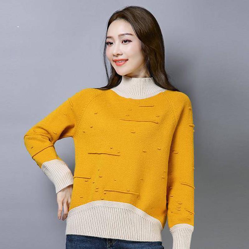 Pofulove Autumn Winter Women's Half-high Collar Knitted Outerwear Short Loose Sweater Base Shirt