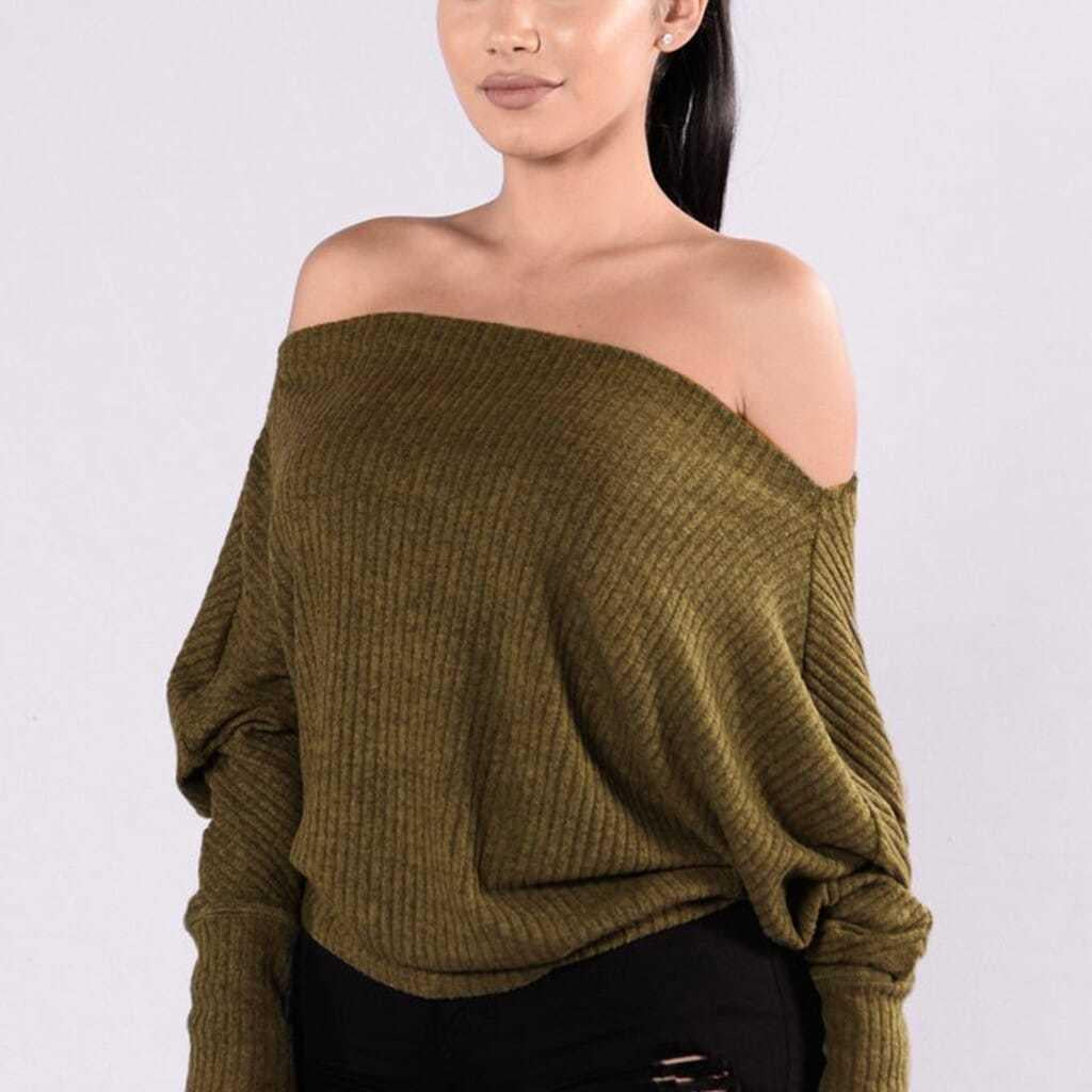 Pofulove Women Sexy Off-the-shoulder Sweater Solid Color Knitwear Long Sleeve Loose Jumper Knitwear