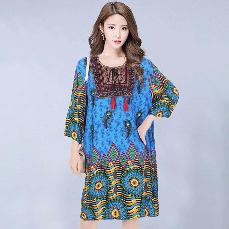 Retro Ethnic Women's Round Neck Floral Print Casual Loose Mid-length Dress Cotton Silk Dress Summer Round Neck Slim Beach Travel Dress