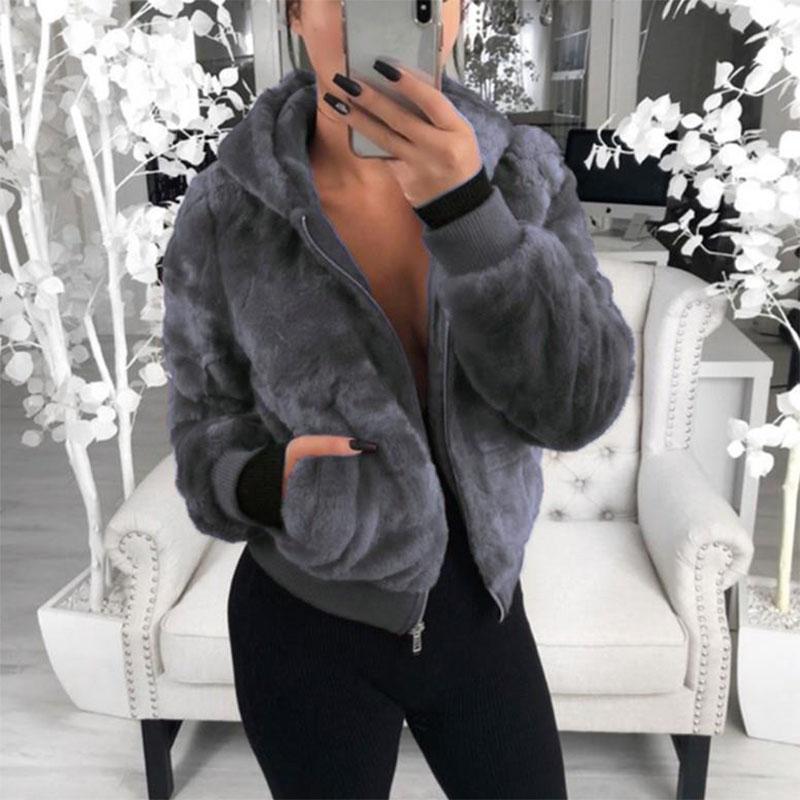 Women's Autumn and Winter Jacket Hooded Bunny Fur Grass Short Coat Female Long Sleeve Solid Color Warm