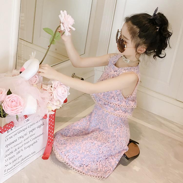 Girls' Dress Summer Broken Flowers Dress Children Net Red Girl Chinese Style Fake Two Pieces of Lace Skirt