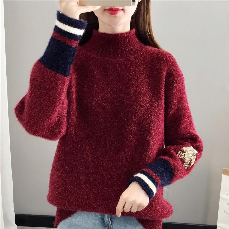 Autumn and Winter Mohair Knitted Sweater Loose Half High Neck Casual Bottoming Shirt Fashion Simple Women's Sweater