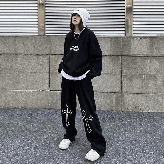 European and American Retro Plus Velvet Warm Autumn and Winter Tide Brand Cross Wide-leg Pants Women Loose Lazy Wind Mopping Pants