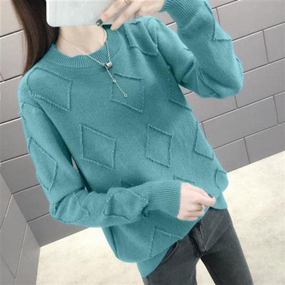 Warm O-neck Sweater Purple Color Rhombus Sweater Knitted Plain Sweater Women Knitwear Long Sleeve