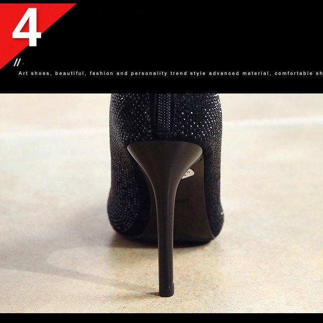 Women Short Boots Pointed Toe High Heel Black Chelsea Boots Winter Plus Velvet Warm Zipper
