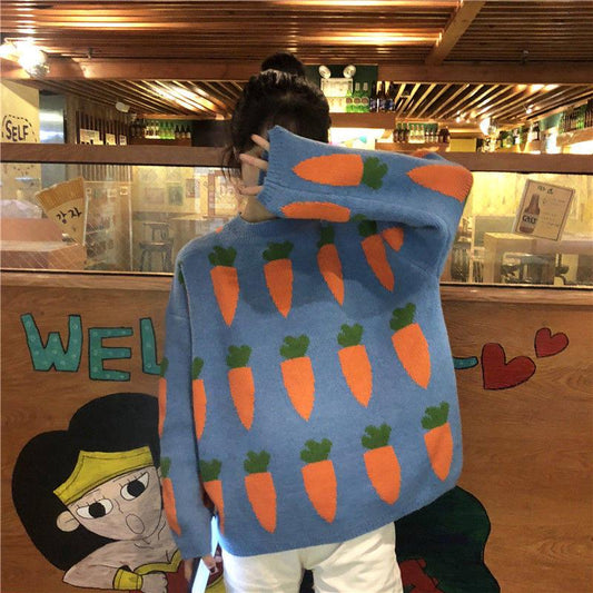 Autumn  Winter WOMEN'S Dress Korean Loose-Fit Versatile Fun Carrot Pattern Sweater Pullover Sweater