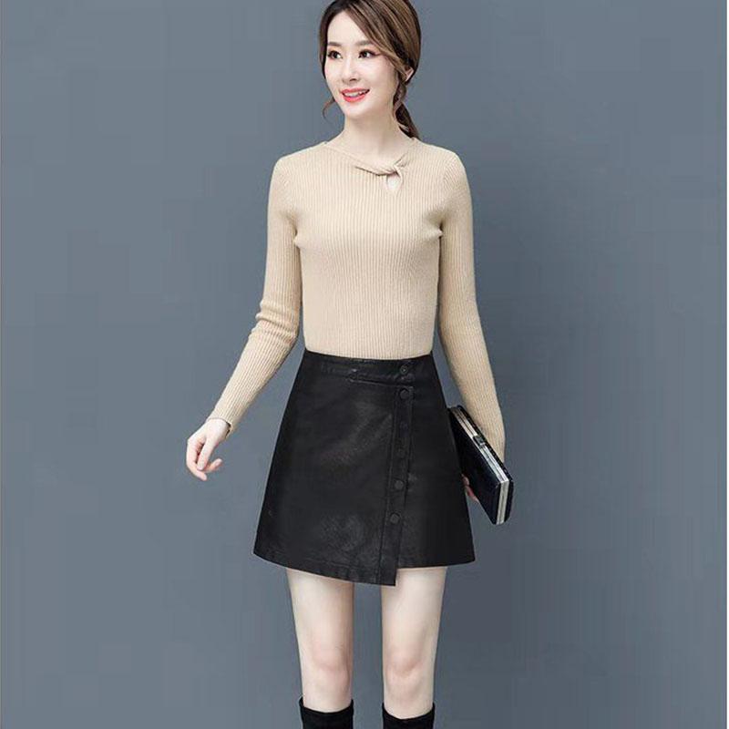 Women's Leather Skirt Black Autumn  Winter High Waist Package Hip Skirt Irregular A-line Bodycon Skirt