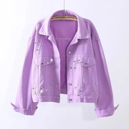 Candy-colored Denim Jacket Women's Short 2021 Spring and Autumn Loose Diamond-studded Student Jacket