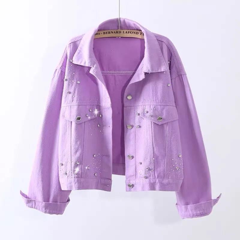 Candy-colored Denim Jacket Women's Short 2021 Spring and Autumn Loose Diamond-studded Student Jacket