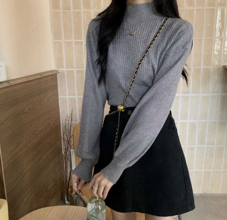 Half Turtleneck Bottoming Shirt Women's Fashion Vertical Stripe Pullover Solid Color Stretch Long Sleeve Sweater