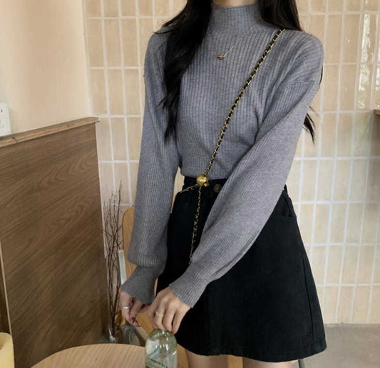 Half Turtleneck Bottoming Shirt Women's Fashion Vertical Stripe Pullover Solid Color Stretch Long Sleeve Sweater