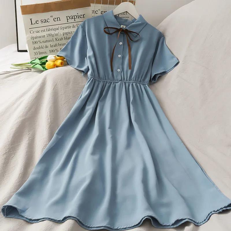 High Waist Dress Female Student College Style Lace-up Summer All-match Short-sleeved Chiffon Dress