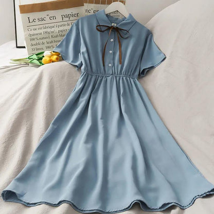High Waist Dress Female Student College Style Lace-up Summer All-match Short-sleeved Chiffon Dress