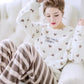 Women's Winter Coral Fleece Pajamas Set Thickened Velvet Sweet Cute Cartoon Printing Flannel Pyjamas Long-sleeved Homewear Suit Round Neck Sleepwear