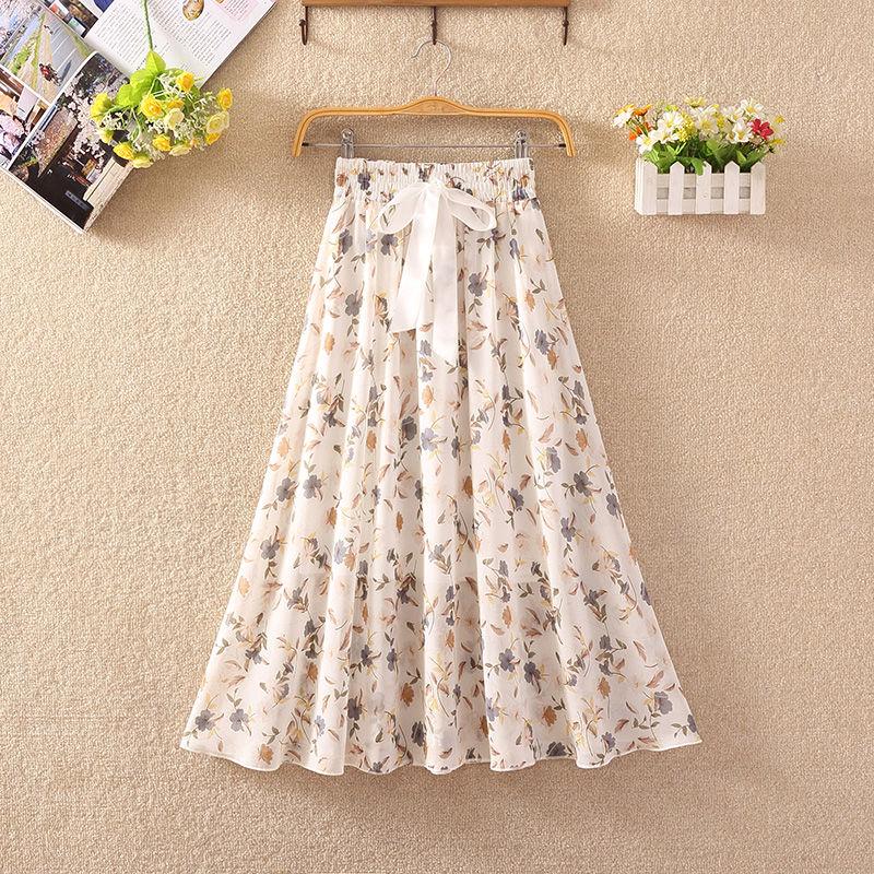 Summer High Waist Chiffon Women Midi Skirts Casual Floral Print Female Skirt Maxi Beach Skirt