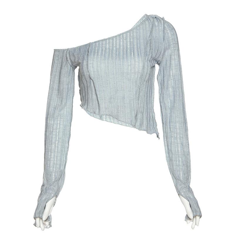 Spring, Summer and Autumn Women's Solid Color Slim Fit Cropped Navel Fashion Irregular Slanted Shoulder Long-sleeved T-shirt