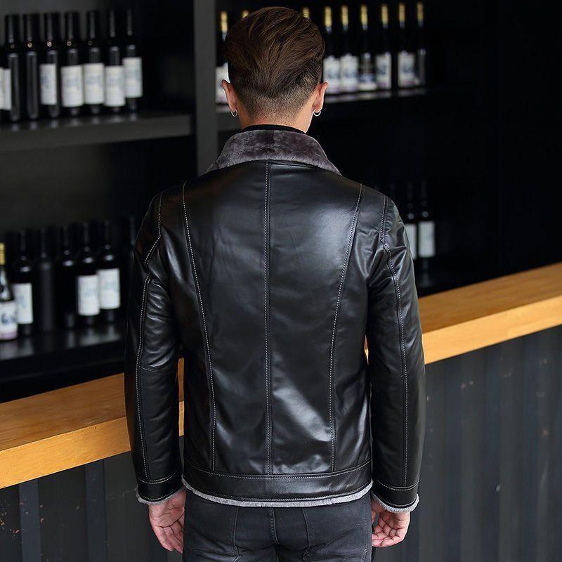 Fur One Leather Jacket Men's Lapel Short Sheep Leather Jacket Plus Velvet Thick Slim Winter Coat