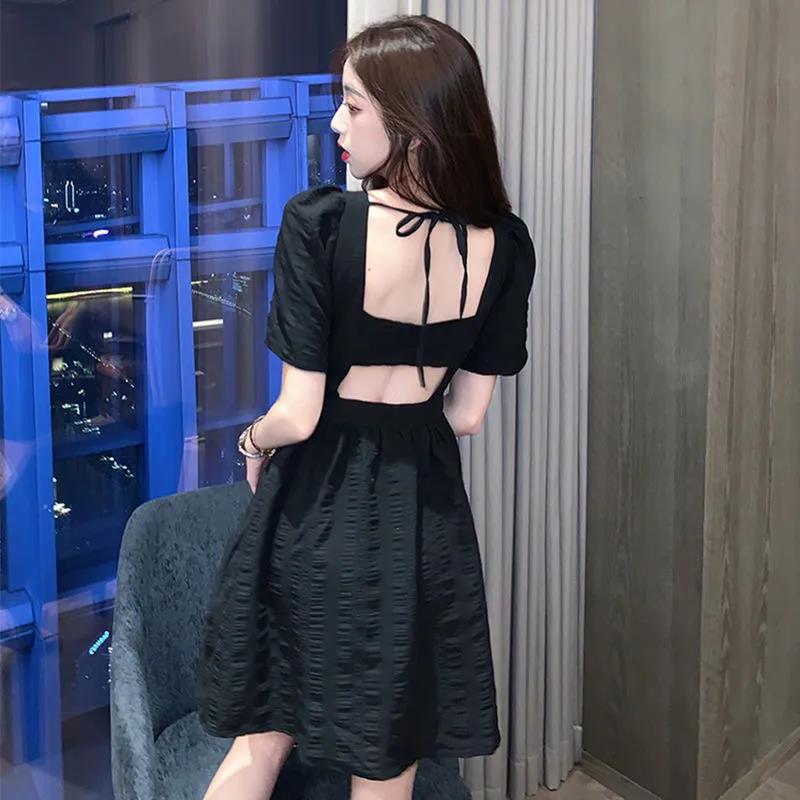 Women's Summer Dress Square Neck Thin Puff Sleeves Solid Color A-Line Skirt
