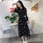 Women's Spring and Autumn Floral Dress Long Sleeve A-Line Stand Collar Mid-length Skirt Shirt Sleeve