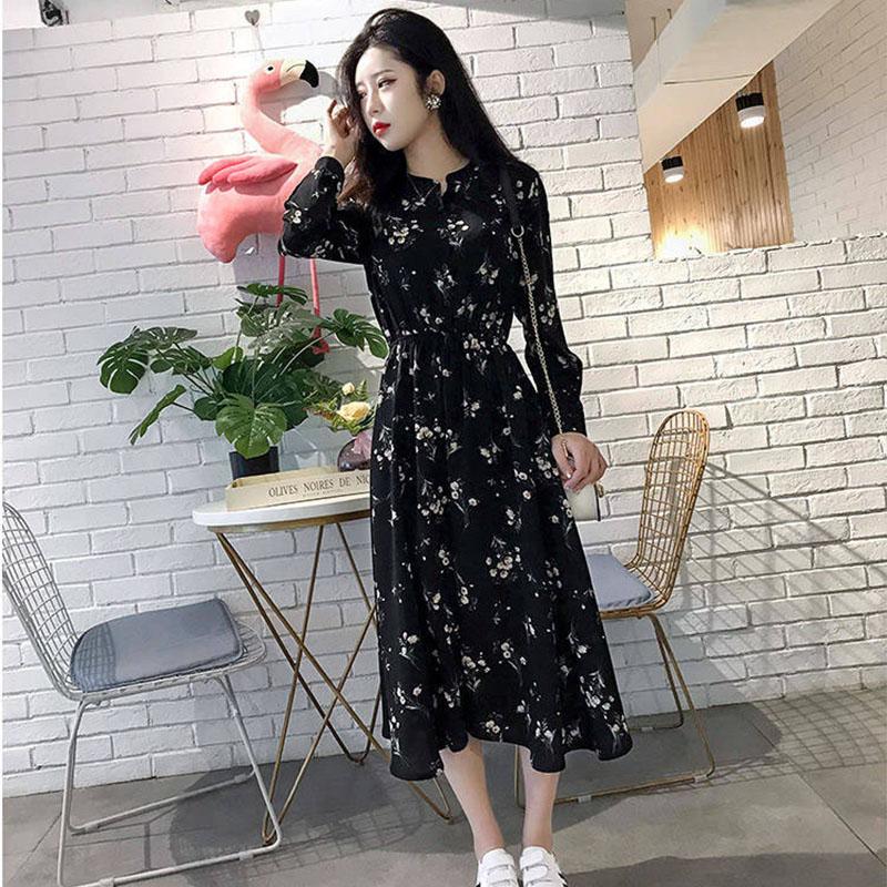 Women's Spring and Autumn Floral Dress Long Sleeve A-Line Stand Collar Mid-length Skirt Shirt Sleeve