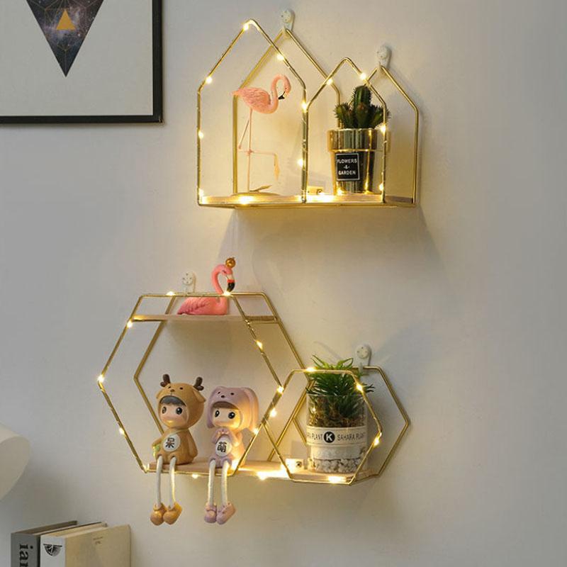 Modeling Metal Display Platform Wall Mounted Decorative Shelf Living Room Art Storage Rack with Light Strip