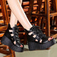 Summer Hollow Sandals  Slope-heel Platform Sandals  Fish Mouth Lace-up High-heeled Soft Leather Ethnic Roman Women’s Shoes