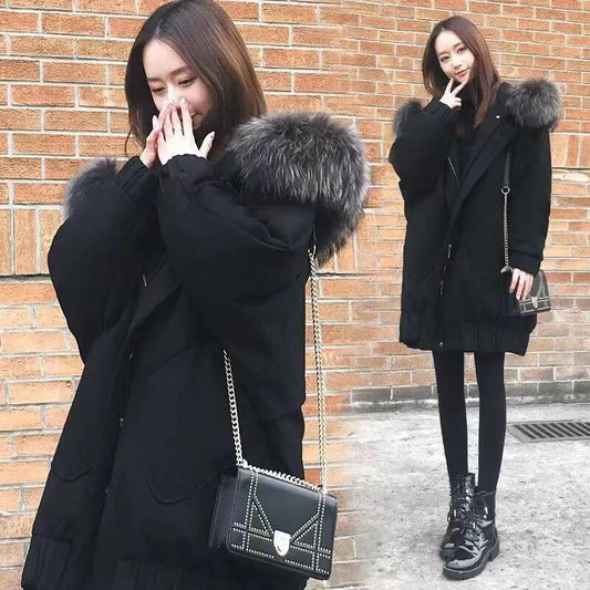 Winter Down Jacket Cotton Jacket Korean Version of Loose Mid-length Thick Coat Big Fur Collar Cotton Coat