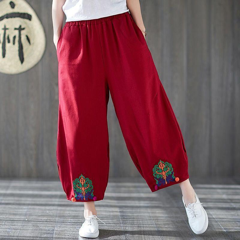 WTEMPO L-XXXXL Cotton Linen Pants Women Ethnic style Loose Elastic Waist Solid Color Casual Trousers