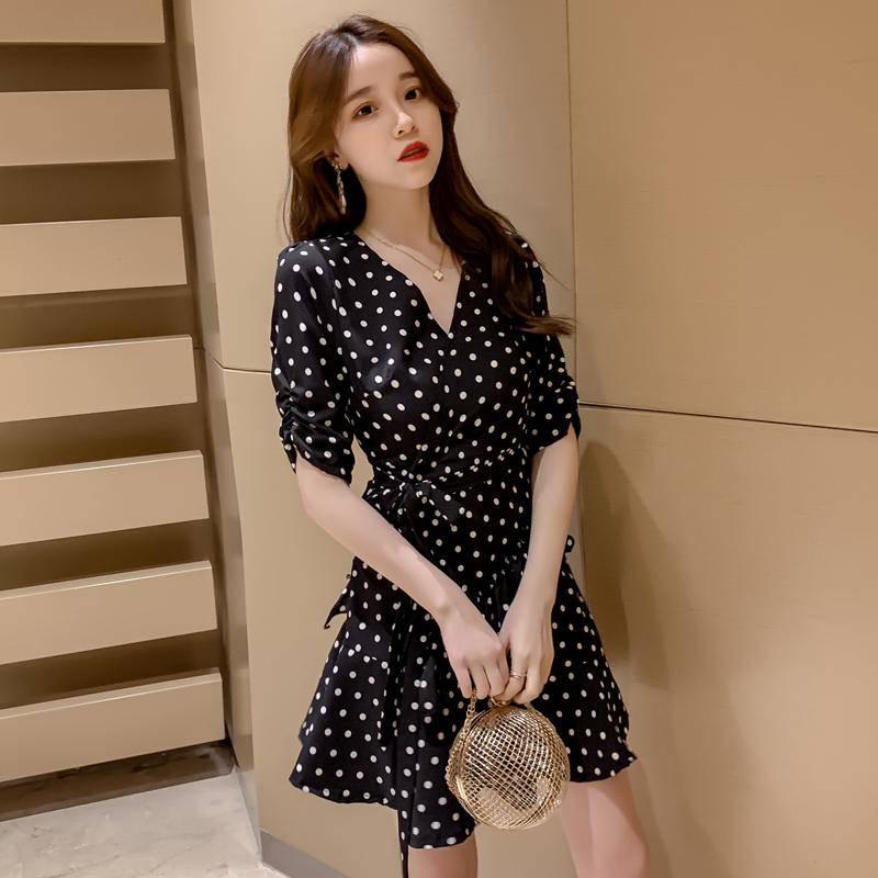 Ruffle Trim Sashes Women Summer Dress 3/4 Sleeves Dot Print Casual Dress Sweet A Line Mini Dresses