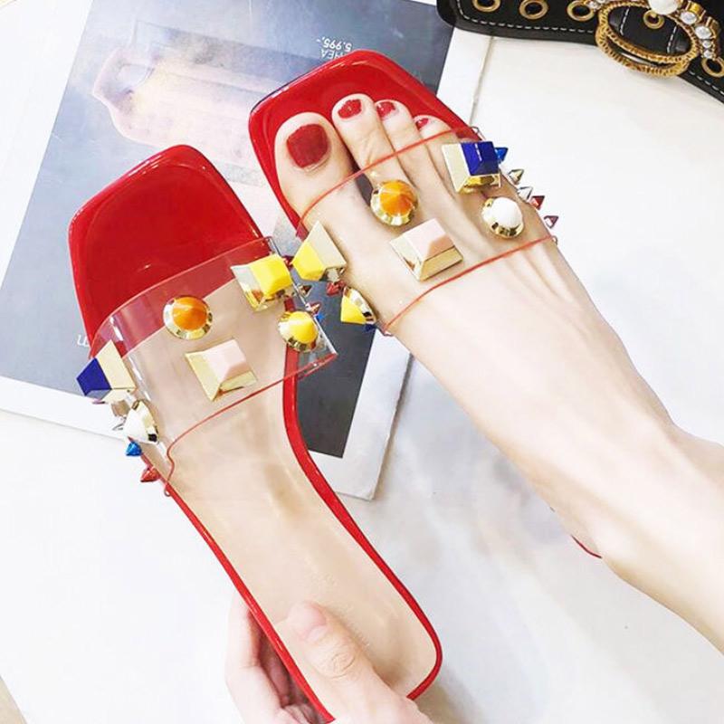 Summer Thick Heel Transparent Soft Surface Sandals and Slippers Ladies Wear Fashion Colorful Diamond Rivet Medium Heel Beach Shoes