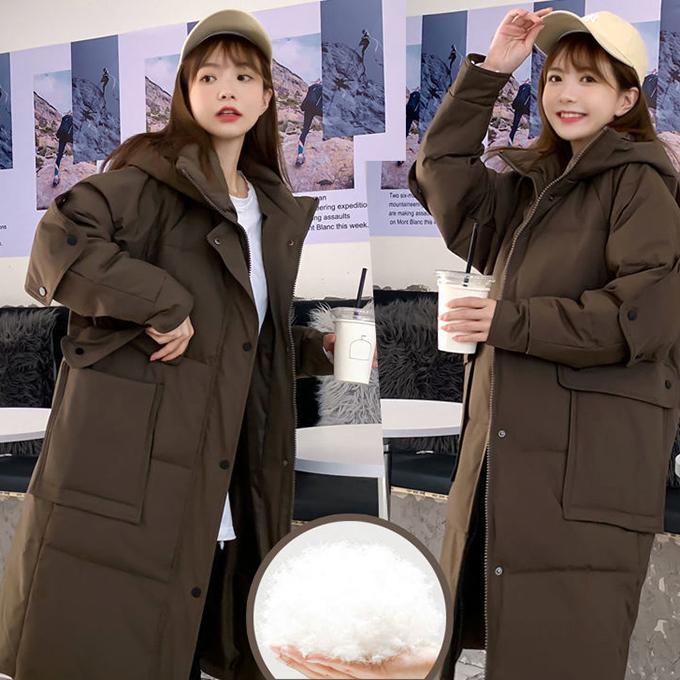Down Jacket Women's Hooded Stand-up Collar Mid-length White Duck Down Winter Loose Thickening Light Cotton Winter Thick Coat