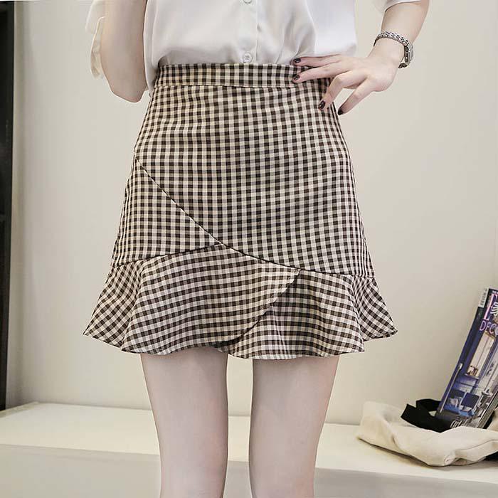 Pofulove Women Anti-light Mermaid Skirt High Waist Slim Sexy Plaid Mermaid Mini A-line Hip Skirt