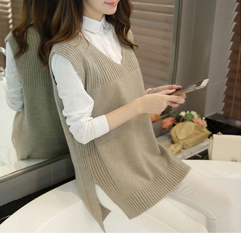Autumn and Winter Solid Color V-neck Sweater Slim Fit Plus Size Jacket Mid-length Vest Women