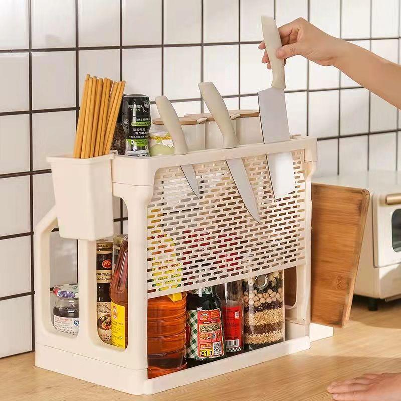 Spice Rack Kitchen Storage Rack Oil Salt Storage Rack Seasoning Household Floor Multi-layer Knife Rack Cutting Board Rack Home Storage Organizer