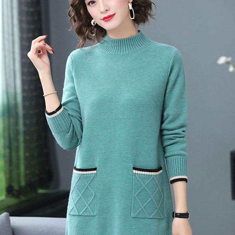 Autumn and Winter Mid-length Loose Dress Thickened Half High Neck Knitted Base Skirt Simple Casual Women Sweater Dress