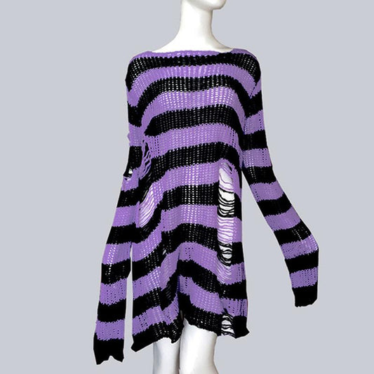 Goth Punk Sweater Fashion Hole Pullover Knitted Striped Sweaters Plus Size Loose Long Sweater Broken Hollow Out Streetwear Hip Hop Harajuku Sweaters