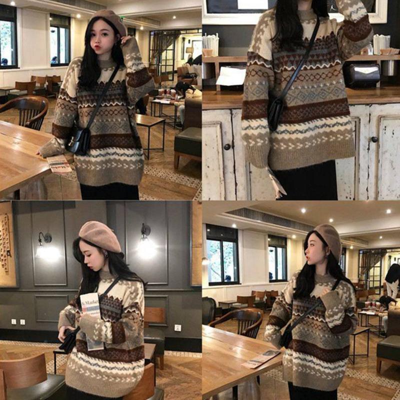 Pofulove loose college style jacquard diamond round neck sweater women's hedging wild students
